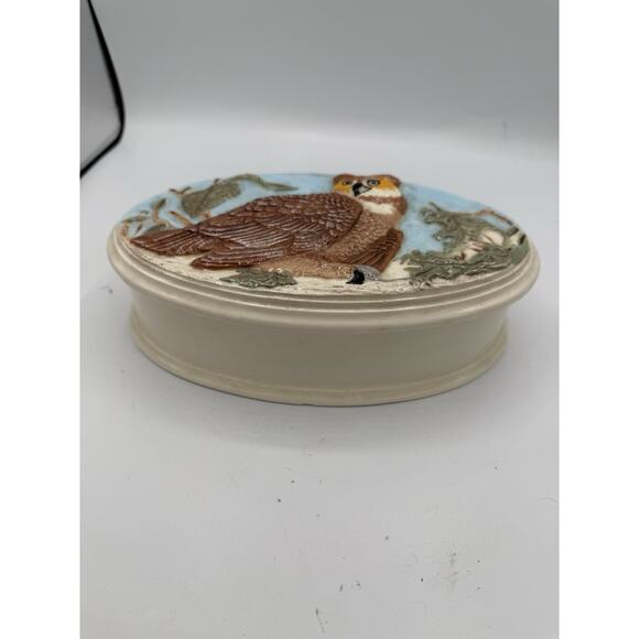 Vintage Embossed Owl Ceramic Trinket Box M.R. Signed Oval Nature Scene 8x5” - Picture 2 of 12